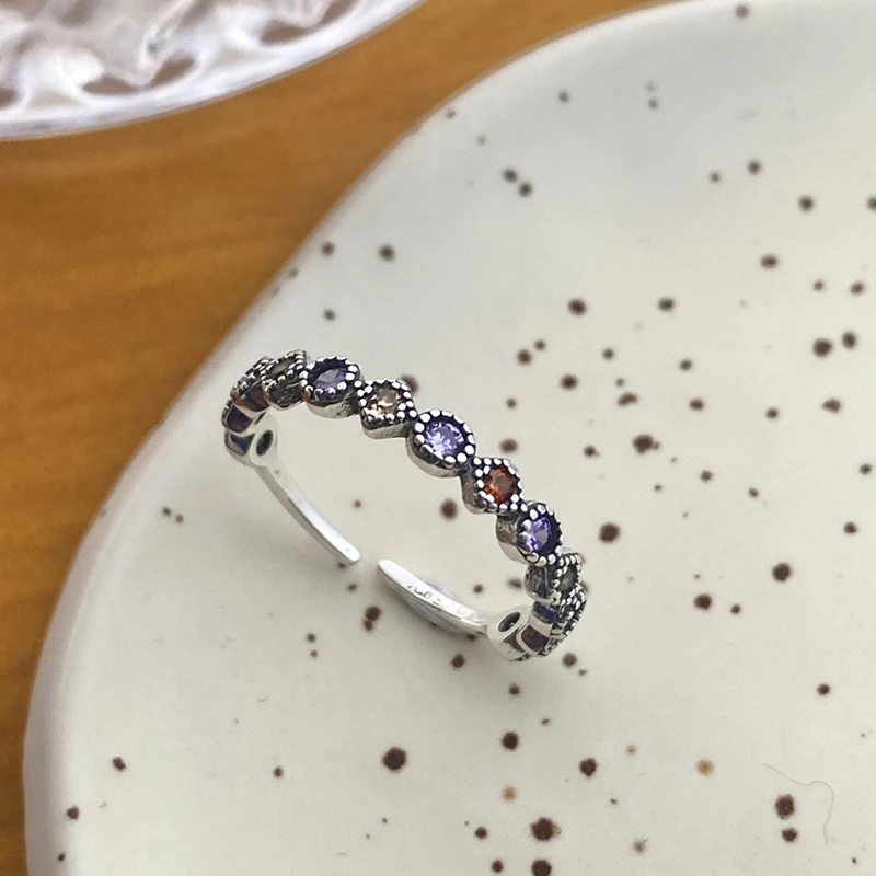 

2022 New Silver Color Copper Colorful Zircon Thin Ring For Women Vintage Light Luxury Promiss Party Ring Jewelry Gift