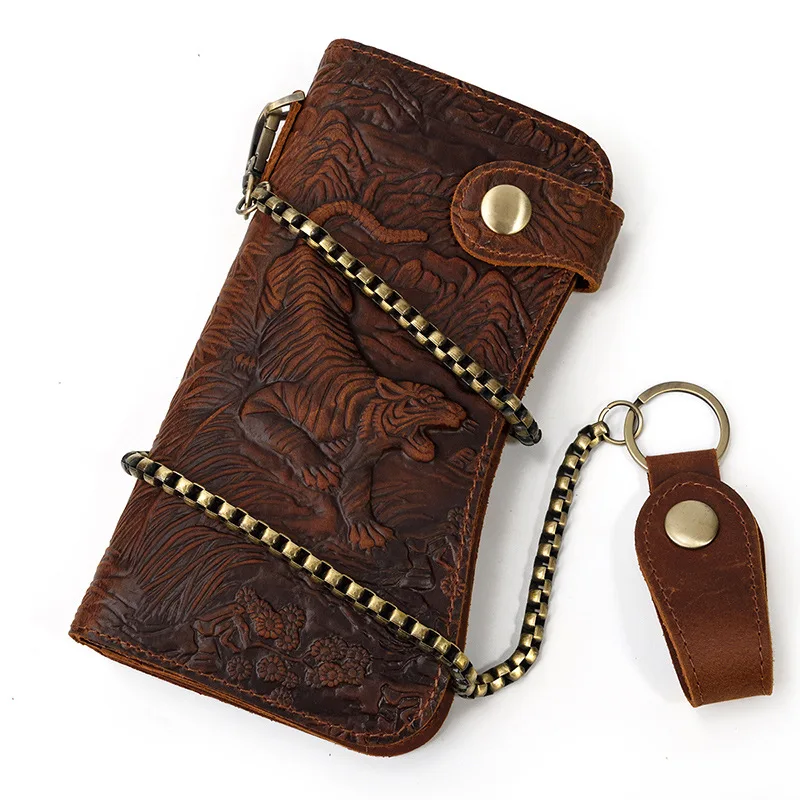 

Men's Vintage Crazy Horse Leather Chain Wallet Genuine Leather Bifold Long Wallet Snap Card Holder Purse Zipper Coin Rfid Pocket
