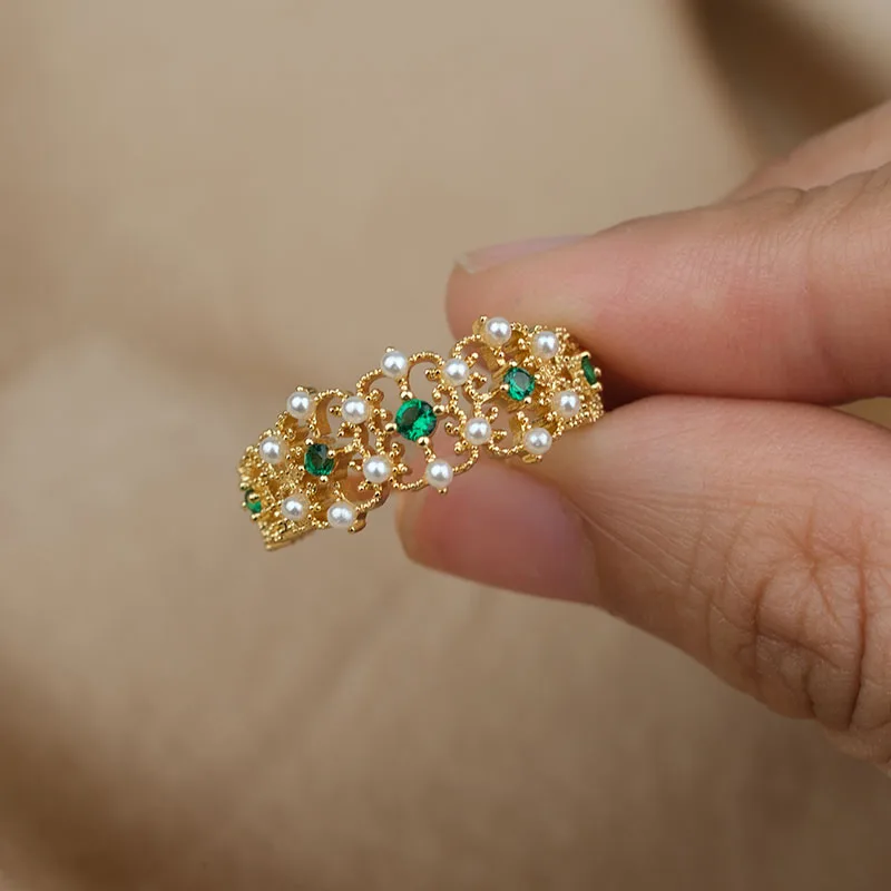 Французское винтажное классическое Золотое кольцо с натуральным жемчугом и