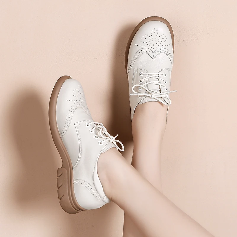 

British Style Small Leather Shoes for Women Soft Leather Round Head Deep Mouth Single Spring Retro Brown Brock Large Size Casual