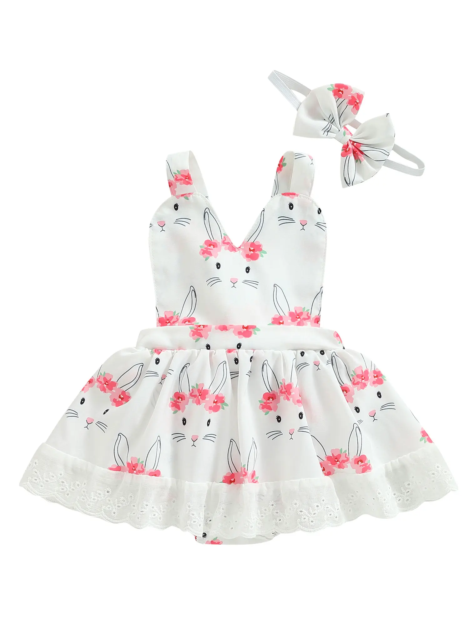 

Newborn Infant Baby Girl Easter Dress Cute Bunny Lace Sleeveless Romper Tutu Dresses Headband Outfits