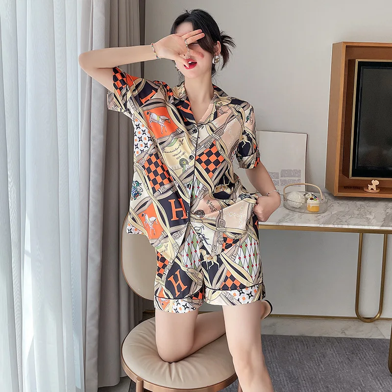 Summer New Thin Pajamas Women's Suit Korean Fashion Ice Silk Cardigan Home Wear Short Sleeve Shorts Suit