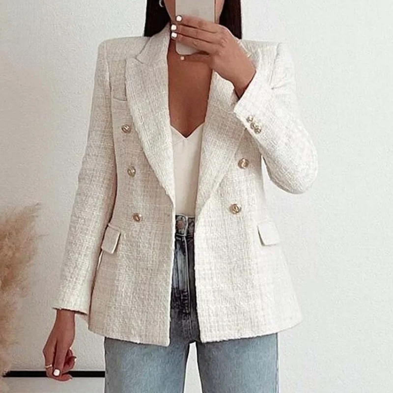 2022 Women Jacket Spring TRAF Fashion Double Breasted Tweed Blazer Coat Vintage Long Sleeve Female Outerwear Chic Top 2022
