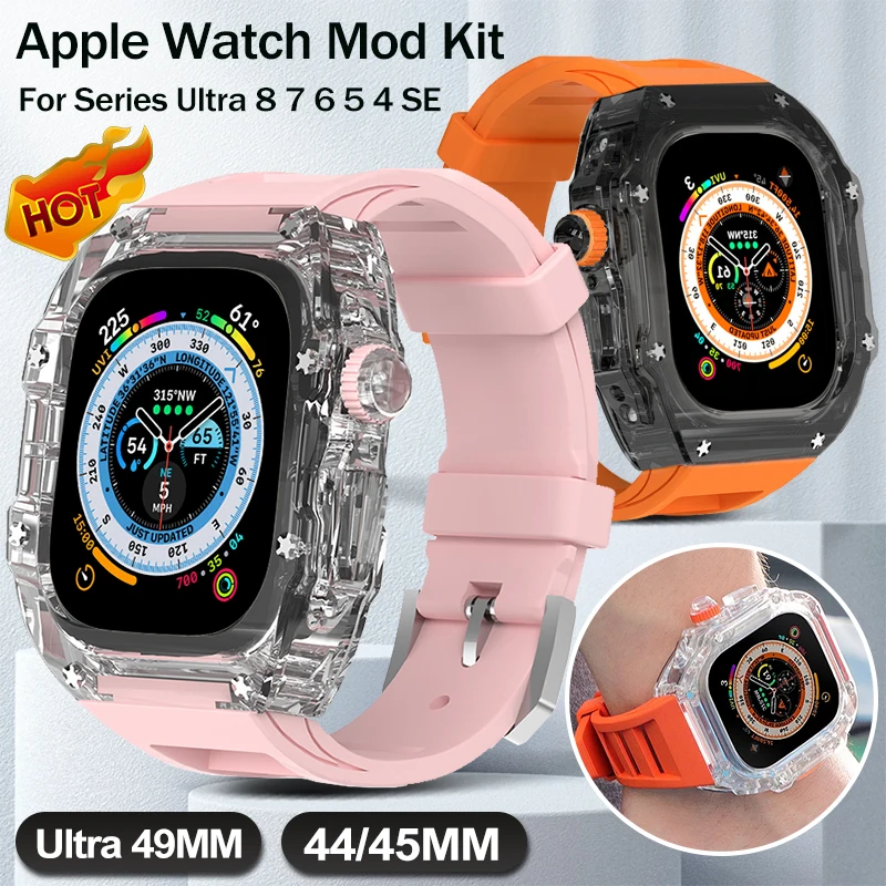 

Luxury Transparent Modification Kit For Apple Watch Ultra 49mm Fluororubber Case&Band For iWatch Series 8 7 6 5 4 SE 45MM 44MM