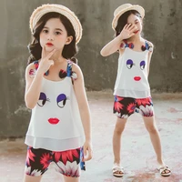 2022 girls sets summer chiffon mesh suspender t shirt hot shorts new fashion two piece suit children clothes 9 8 6 12 years