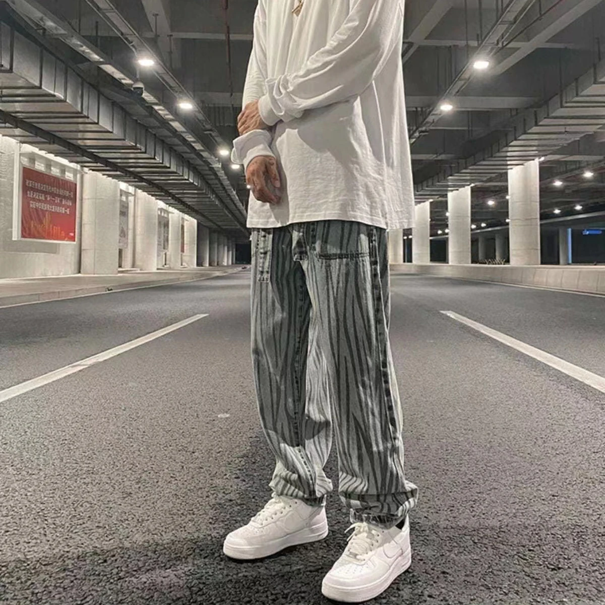 Men's Jeans Dark Irregular Vertical Stripes Zebra Print Casual Loose Jeans Men's and Women's Pants Y2k Pants Ins Hot Sale Casual
