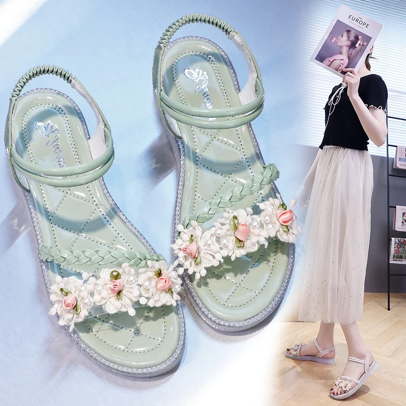 

2021 Summer New Style Mid Heel Flower Pearl Decoration Casual Flat Elastic Band All-match Lazy Sandals Women's Shoes