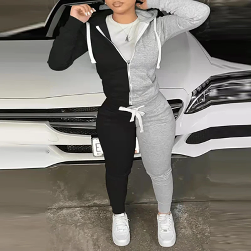 

Retro Stitching Sportswear Two Piece Set Women Zip Drawstring Hooded Coat & Jogging Pants Outfits Autumn Winter Fleece Tracksuit