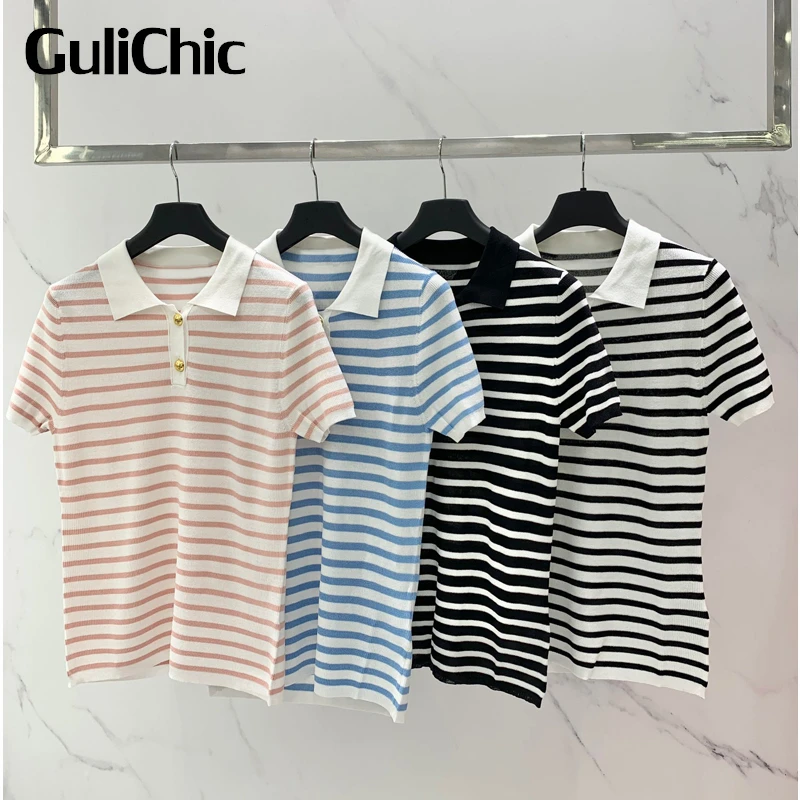 

6.25 GuliChic Women Comfortable Fashion Contrast Color Striped Short Sleeve Polo Collar Knitted T-Shirt