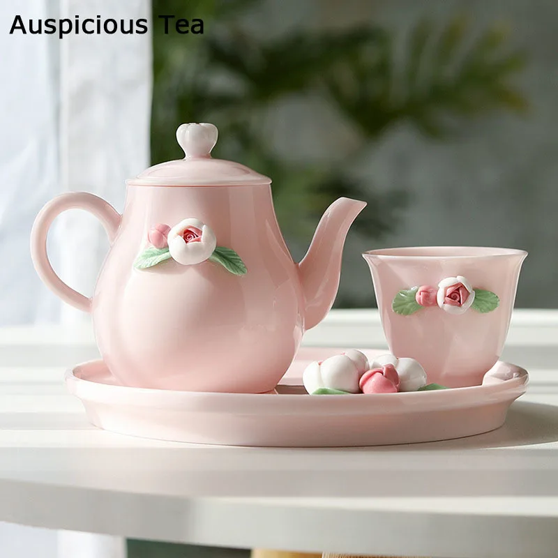 High-end Cherry Blossom Powder Flower Pinching Rose Pot Handmade Kung Fu Drinkware Household Tea Cup Accessories Gift Packaging