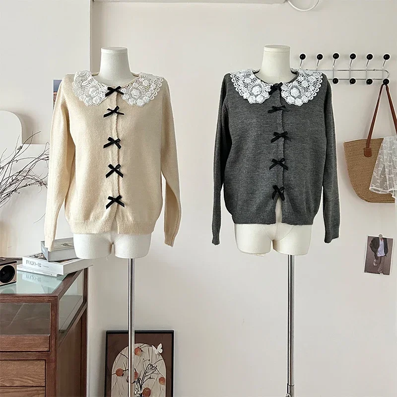 Женский серый кардиган вязаный свитер в стиле Харадзюку Y2k с круглым воротником и