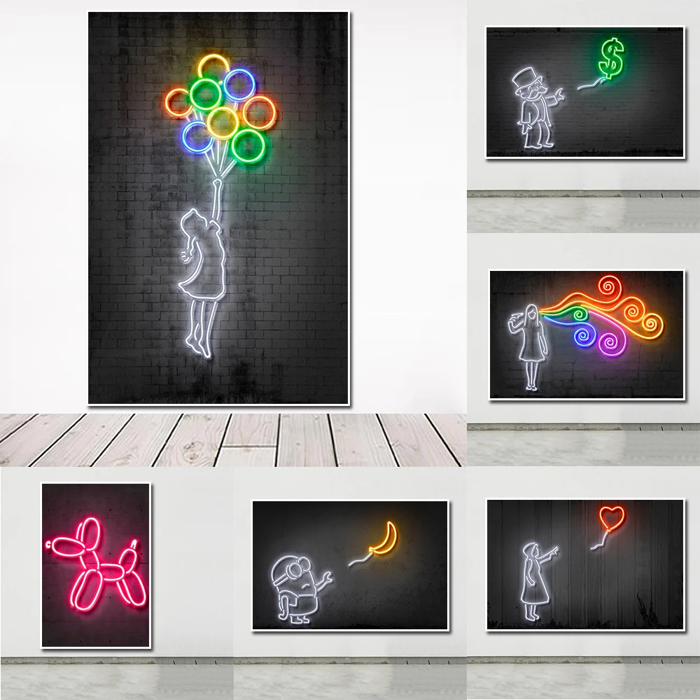 

Nursery Rainbow Wall Art Decor Money Balloon Graffiti Art Canvas Painting Neon Banksy Animal Poster Living Room Home Decoration