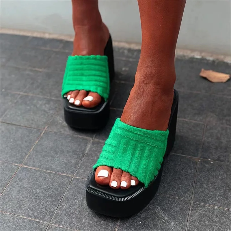 

2022 Women's Slippers Summer Square Toe Wedges Platform Ladies Shoes High Heels Thick Bottom Female Slipper Woman Flop-flops New