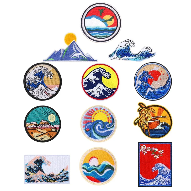 

Promotion! 12Pc Wave Off Kanagawa Patch Embroidered Applique Badge Iron On Sew On Emblem For Craft,Decoration And DIY Clothes,Dr