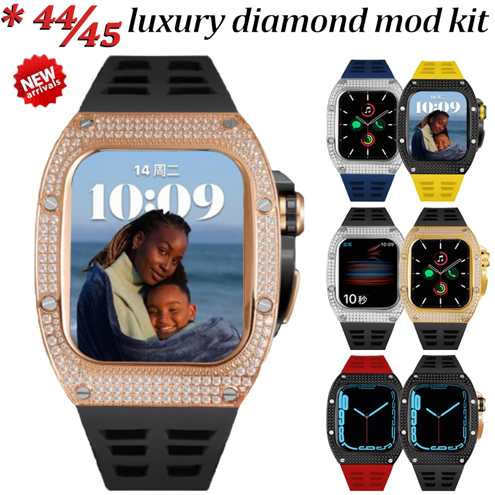 

Diamond Modification Kit Set For Apple Watch 7 44MM 45MM Luxury Stainless Steel Metal Case+Rubber Strap For iWatch SE 6 5 4 Band