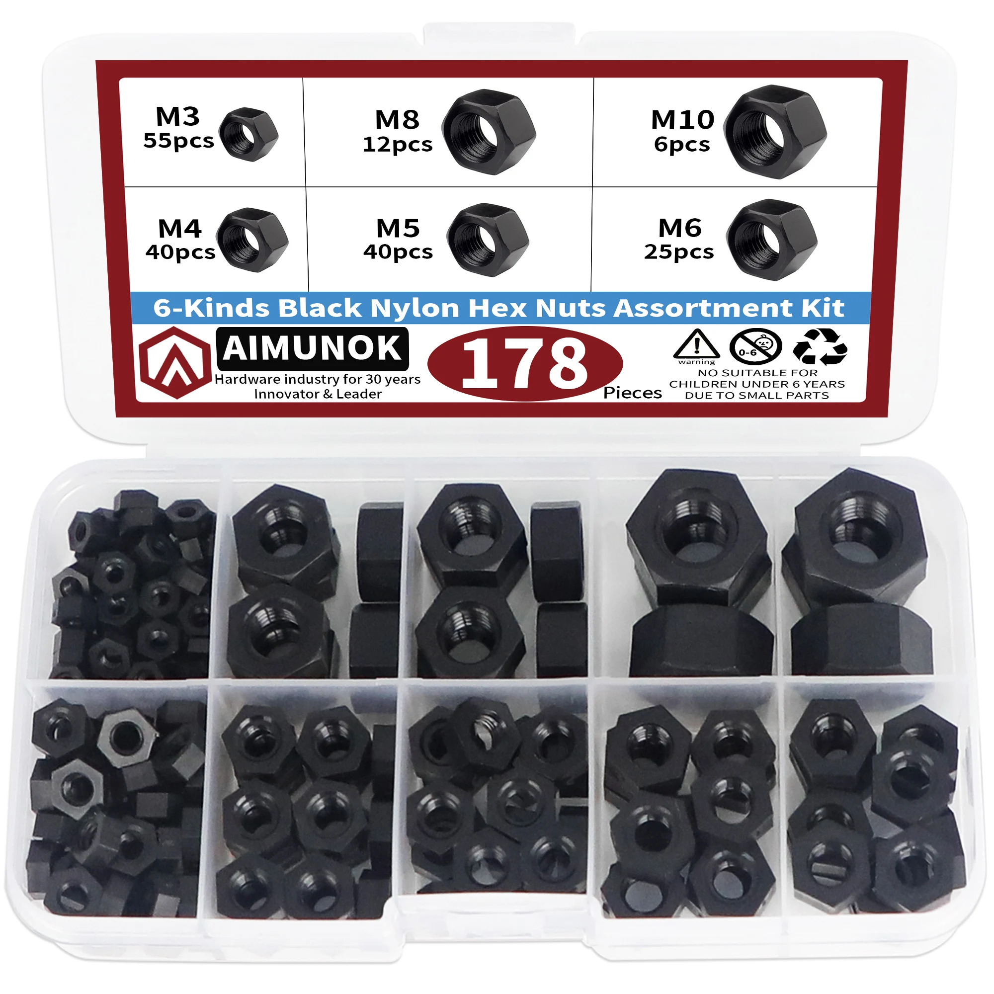 

178 шт., набор черных шестигранных гаек Nvlon M3 M4 M5 M6 M8 M10