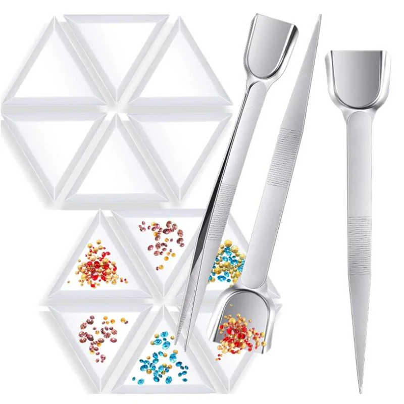Stainless Steel Handy Tweezers with Scoop Beads Gems Pickup Tweezers and Bead Sorting Triangle Plastic Trays for Beads Crystals