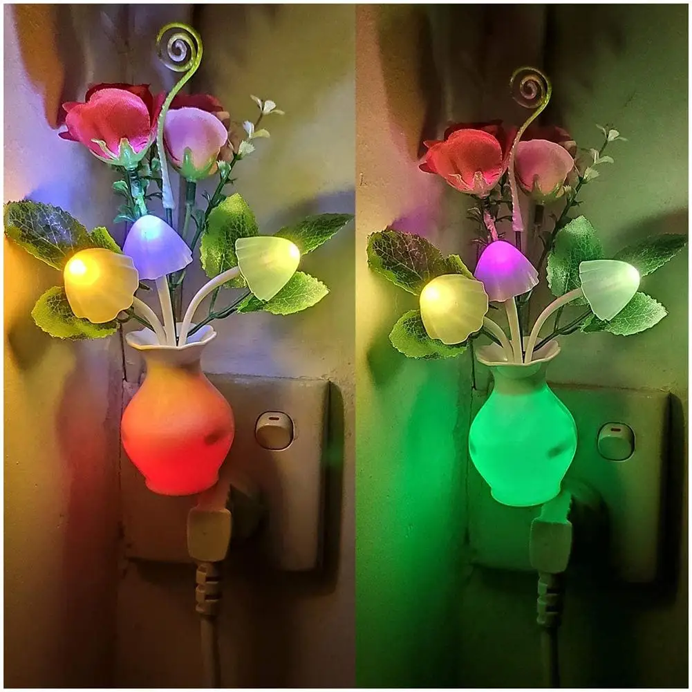 

0.5w Led Night Light With Auto Sensor Energy Saving Rose Flower Mushroom Plug In Lamp For Bedroom Bathroom Living Room Kitchen