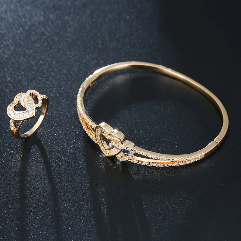 

Women’s Hollow Romantic Double Hearts Popular Bracelet Ring 2PCS High-quality 3A Zircon Fashion Boutique Set Jewelry