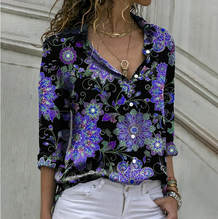 

Women's shirt 2023 Spring and Summer New Fashion Print T-shirt Long-sleeved Loose Shirt Button Casual Shirt Female & Lady Tees