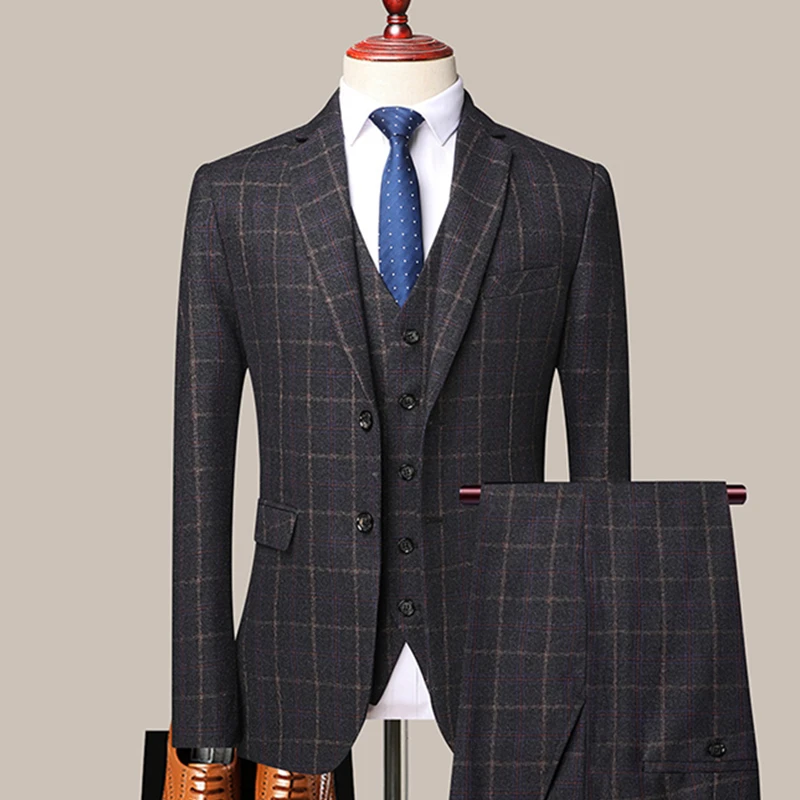 

2022 New Men's High Quality Business Casual Suit Classic Plaid Fashion Wedding Groom Slim Fit Evening Dress 3 Piece Blazers Set