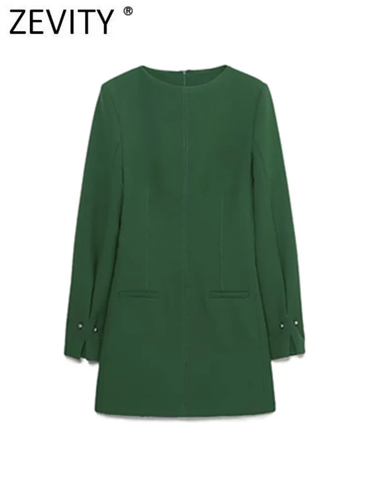 

Zevity Women Fashion O Neck Long Sleeve Pocket Green Mini Dress Female Chic Bright Line Decoration Back Zipper Vestidos DS2892