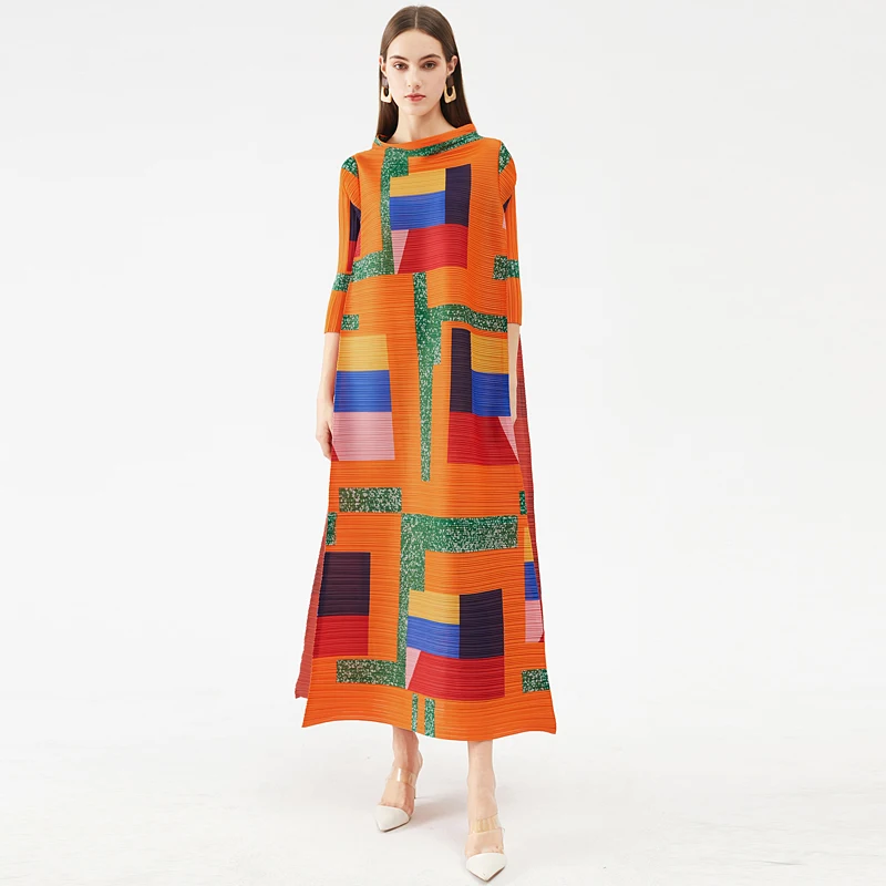 

Miyake Pleated 2022 Summer Autumn Striped Plaid Long Dress Geometric Loose High Fashion Designer Vintage Indie Aesthetic Clothes