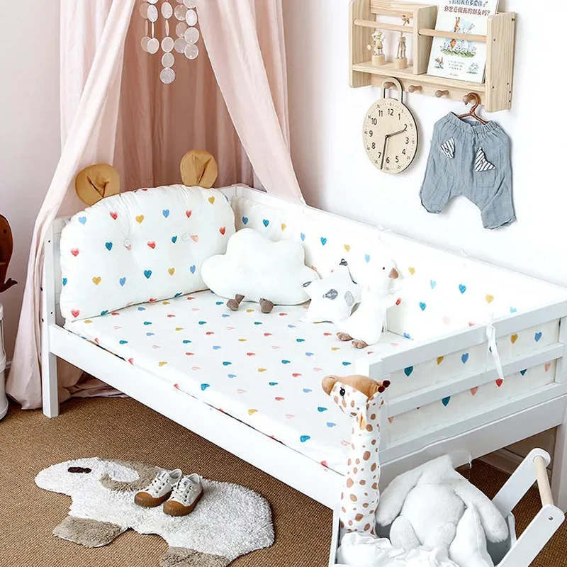 4 Pcs/set Cartoon Crib Bedding Set Pure Cotton Crib Surround Bed Sheets Thickened Anti-collision Inner Bed Fence Back Cushion
