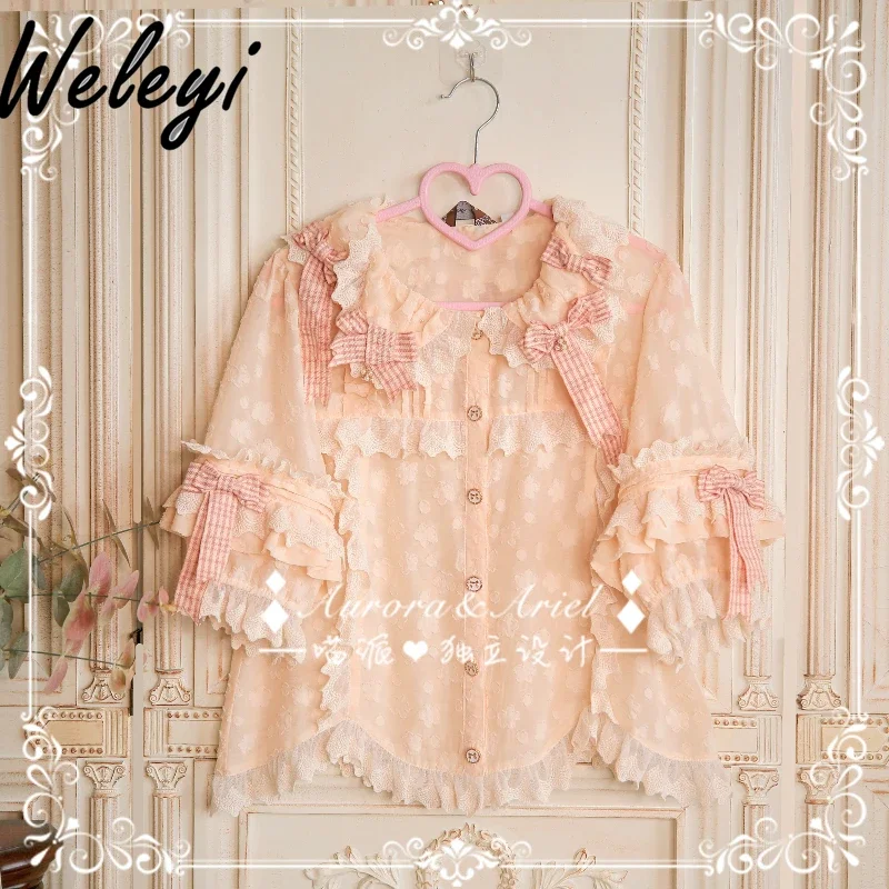 Женская рубашка с коротким рукавом и бантом летняя Милая жаккардовая блузка