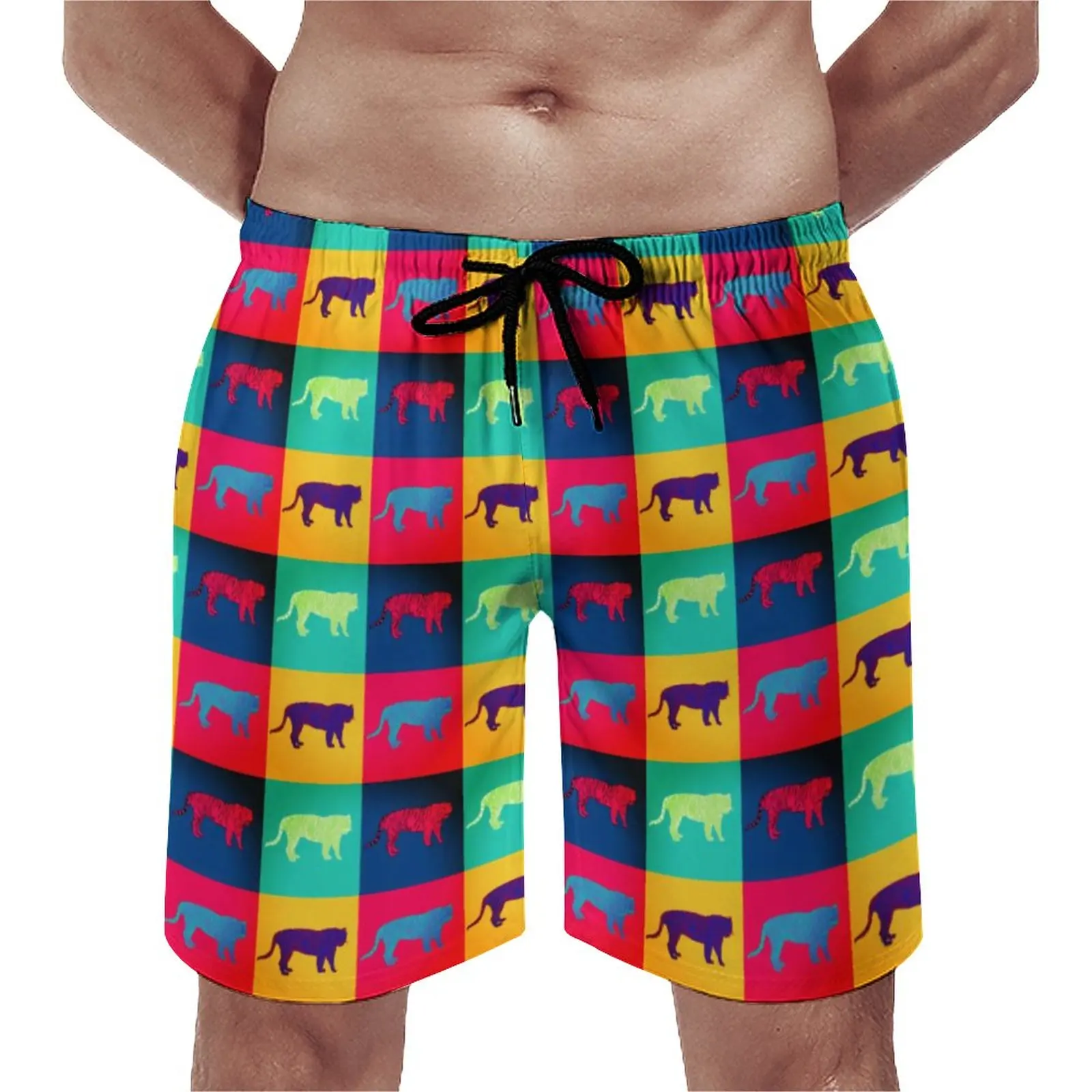 

Colorful Tiger Gym Shorts Pop Art Style Casual Beach Short Pants Man Custom Running Comfortable Beach Trunks Gift Idea