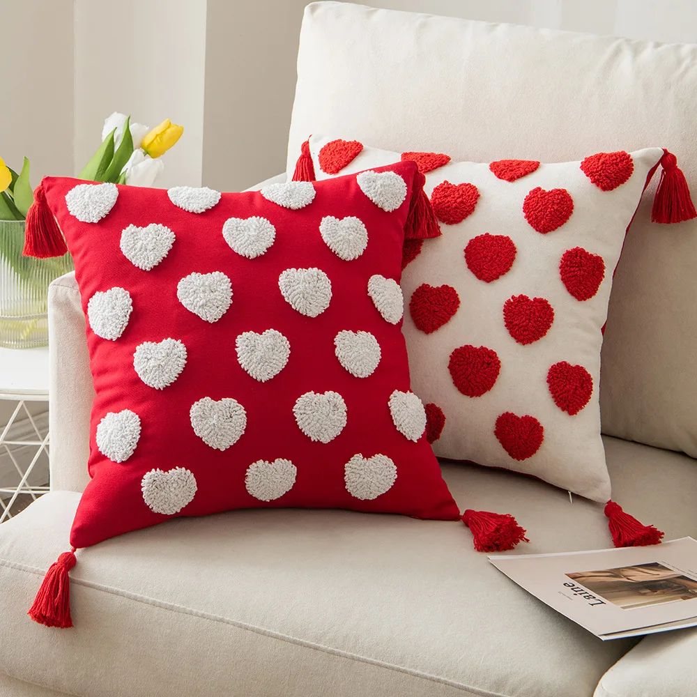 

Tufted Cushion Cover for Sofa 45x45cm Red Square Pillowcase with Tassels Cute Heart Throw Pillows Cover for Home Decorative Car