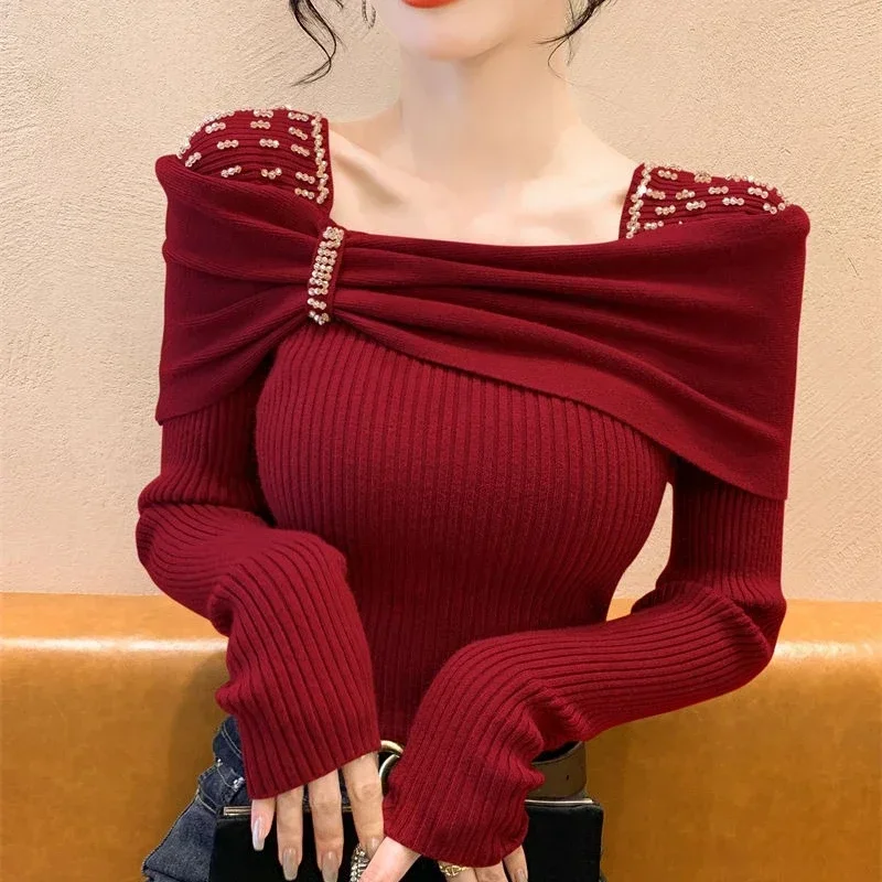 Женский вязаный пуловер с квадратным воротником и бантом