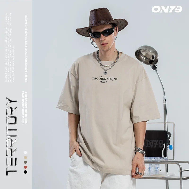 

Simple letter loose crewneck 240g short sleeve T-shirt unisex cylinder seamless one piece streetwear