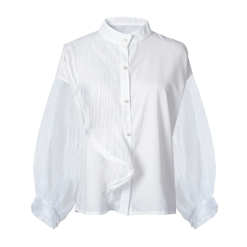 

2023 Korean Fashion Patchwork Women Shirts Tulle Transparent Spring Summer Blouses Chic Shirts Retro Elegant Lady Tops
