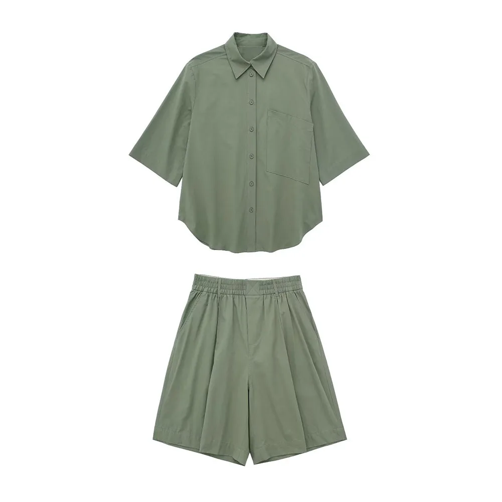 

Женский комплект из рубашки и шортов, с карманами и короткими рукавами
