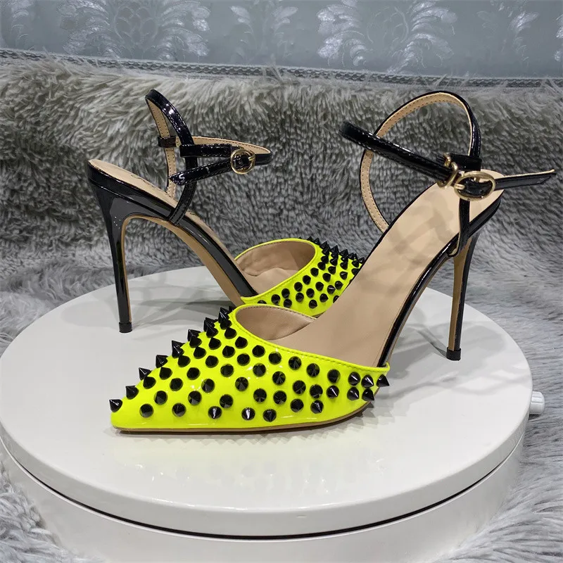 

12cm lemon green sexy woman spikes toe pointed sling high heels ladies summer chic stiletto pumps party shoes size 33-45