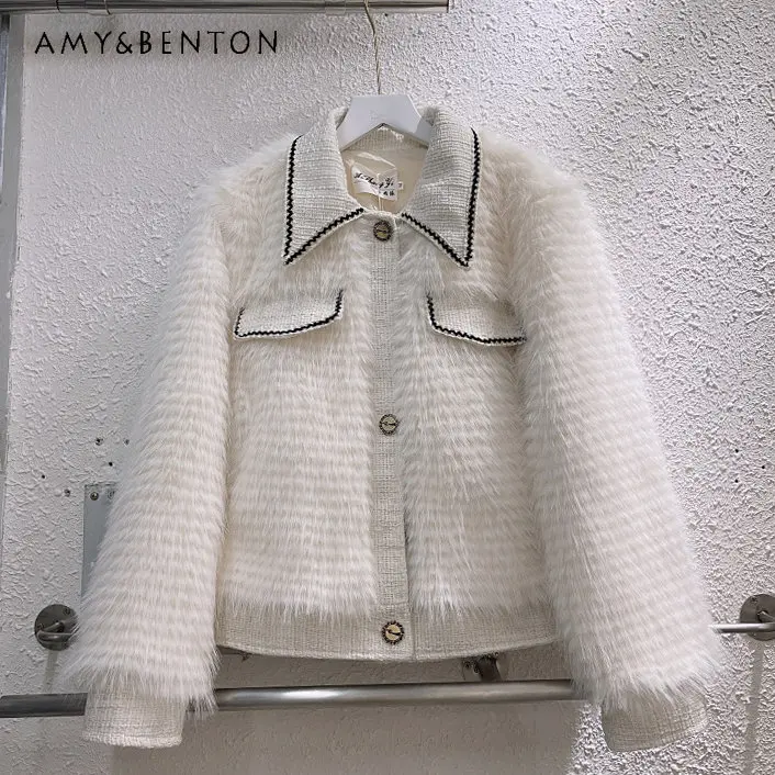 Autumn and Winter Woolen Patchwork Furry Imitation Coat for Women Small Coat Loose Versatile Short Top Fashion Trend Warm Jacket