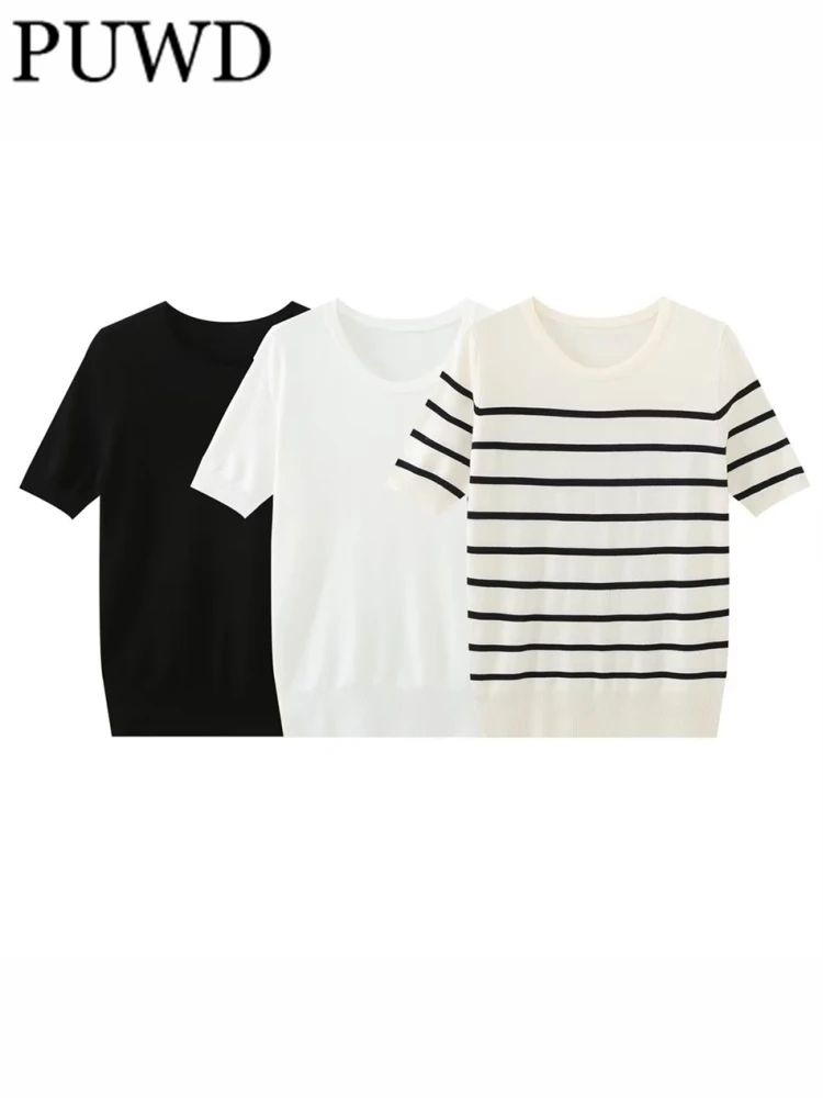 

PUWD Women Fashion White Basic Knit Sweaters 2023 Summer Vintage O Neck Short Sleeves Female Pullovers Mujer