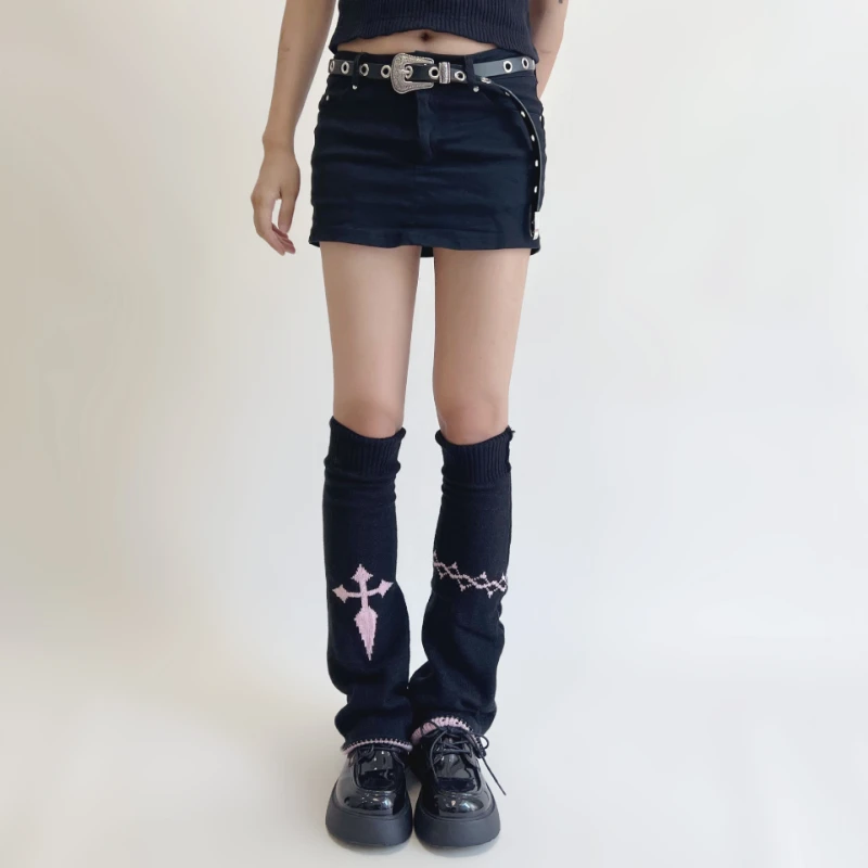 Y2k Girl Harajuku Leg Warmers Gothic Black Lady Knit Cross Leg Warmer 2022 Chic Mujer Knitted Reversible Sock