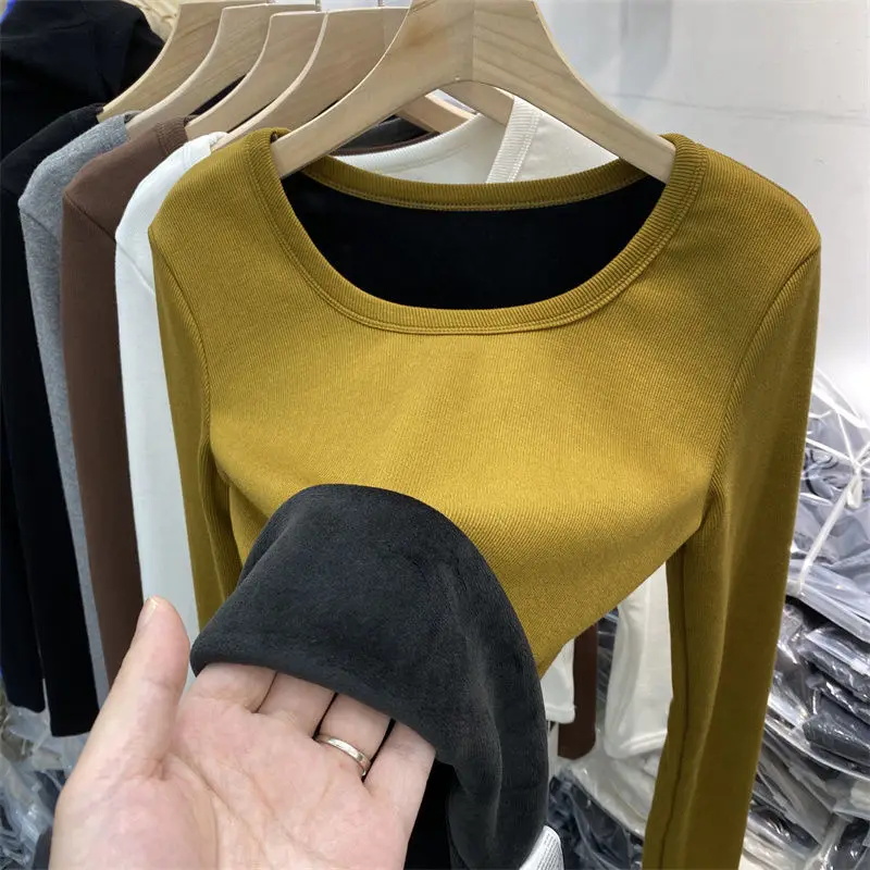 

Velvet Lined Sweater Scoop Neck Basic Top Women Autumn Winter Pullover Slim Elastic Bottoming Knitted Shirts Thick Warm Jumper