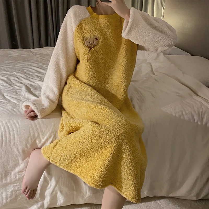 Autumn Winter Velvet Nightgowns Long Sleeve Sleepwear Female Homewear Women Warm Flannel Sleep Dress Thick Coral Pyjamas