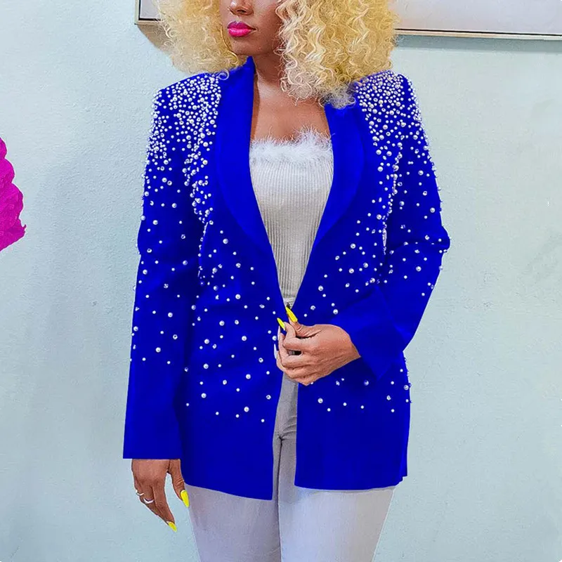 Newest 2023 Stylish Designer Beading Blazers Jacket Women's V-neck Long Sleeve Lapel Long Blazer Outwear