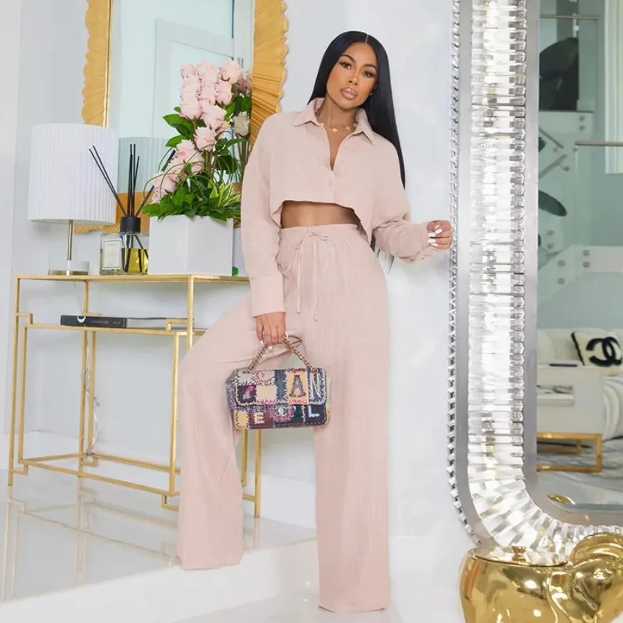 Модный женский комплект мини-рубашка с длинным рукавом и широкие прямые брюки