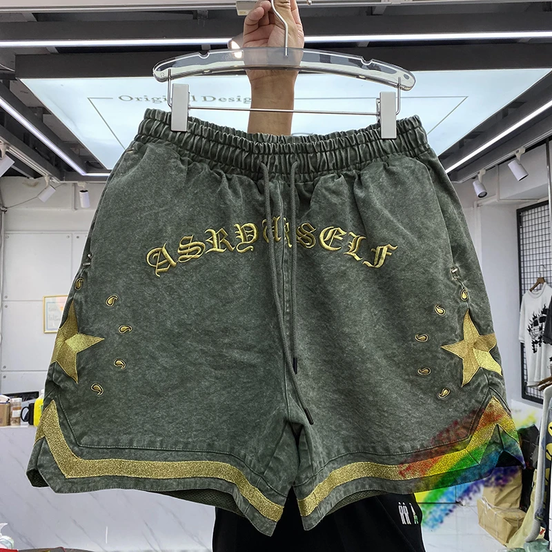 

ASK ASKYURSELF Embroidered Letters Vintage Washed Distressed Shorts Men Women ASKYURSELF Shorts Breeches
