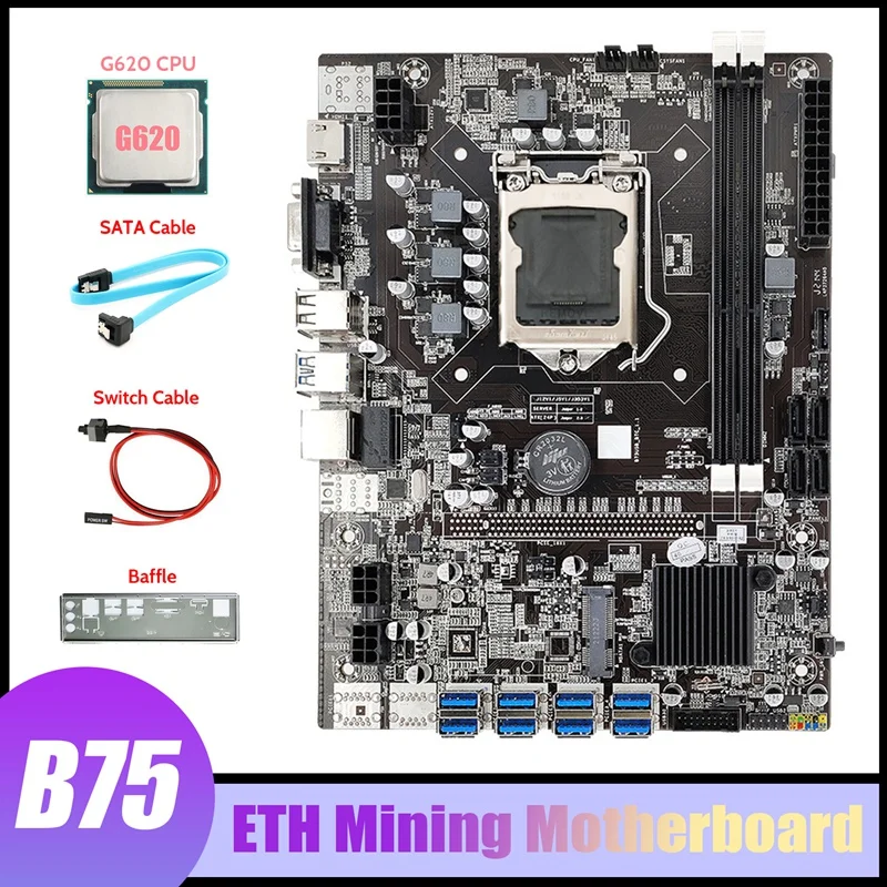 

B75 8USB ETH Mining Motherboard 8XUSB+G620 CPU+SATA Cable+Switch Cable+Baffle LGA1155 B75 USB BTC Miner Motherboard
