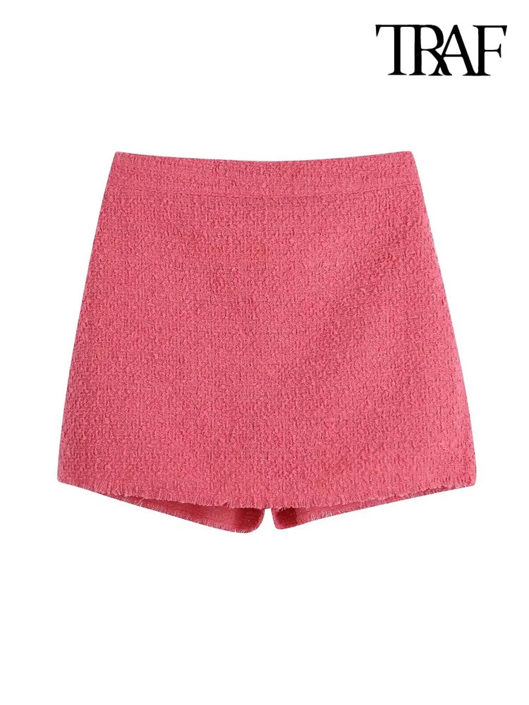 

TRAF Women Fashion With Frayed Hem Tweed Shorts Skirts Vintage High Waist Side Zipper Female Skort Mujer