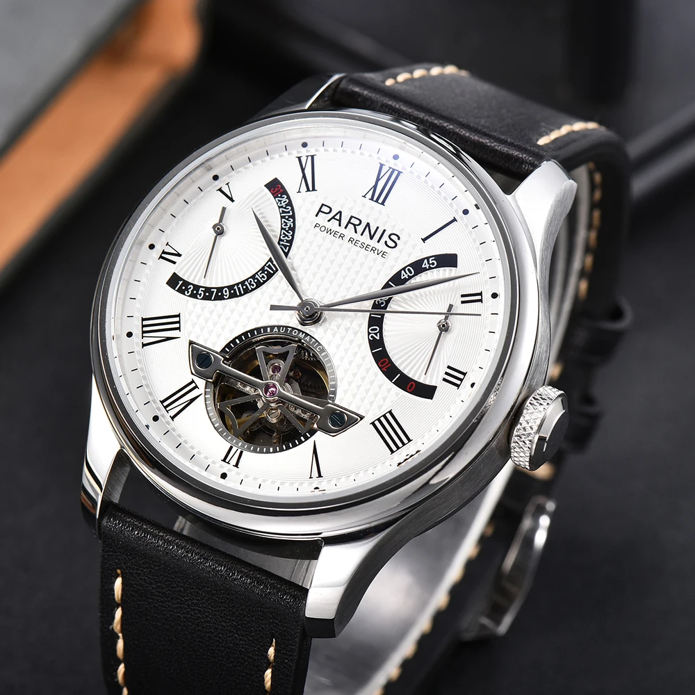 

43mm Parnis White Dial Date Power Reserve ST 2505 Automatic Men Watches Leather Strap Top Luxury Brand 2021