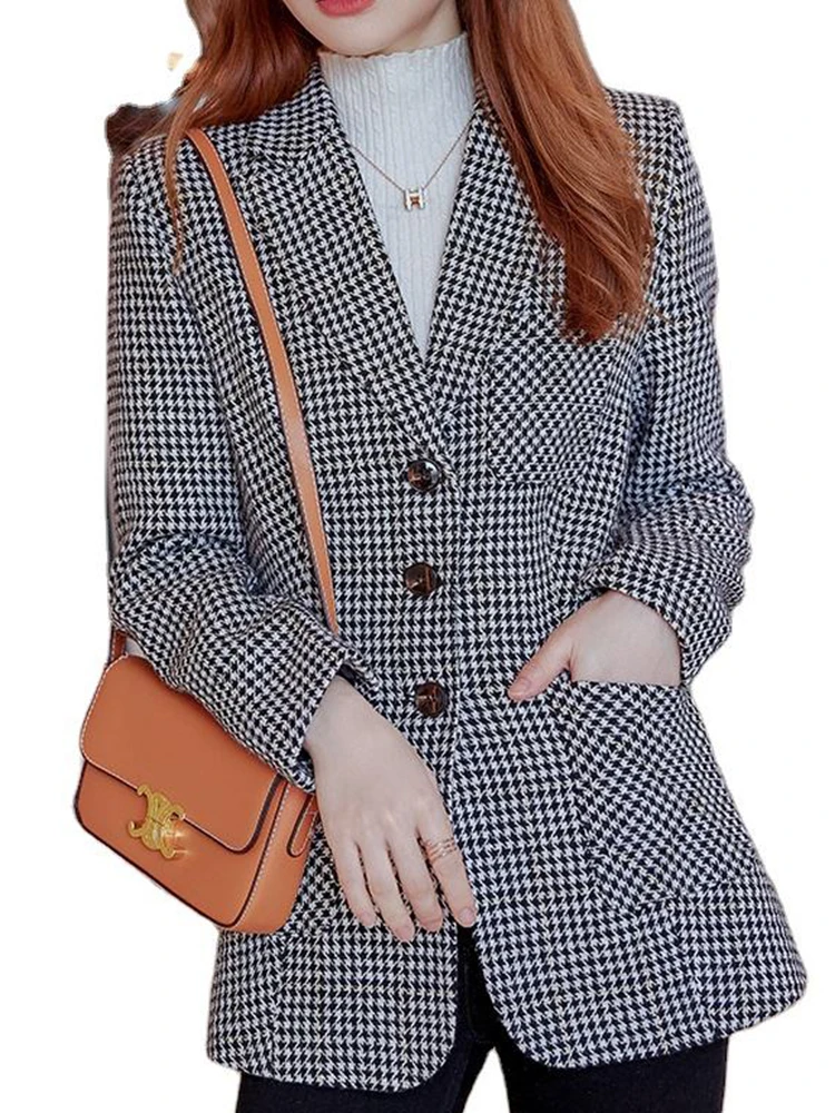 High-quality Casual Winter Blazer with Pocket for Women Fashion Plaid Outwear Formal thick Jacket Women's Coats