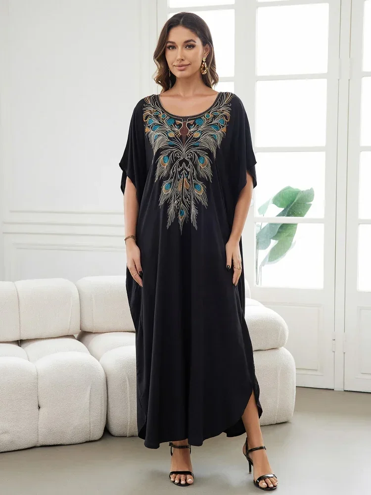 Черный Кафтан с вышивкой на лето 2024 Повседневный халат коротким рукавом