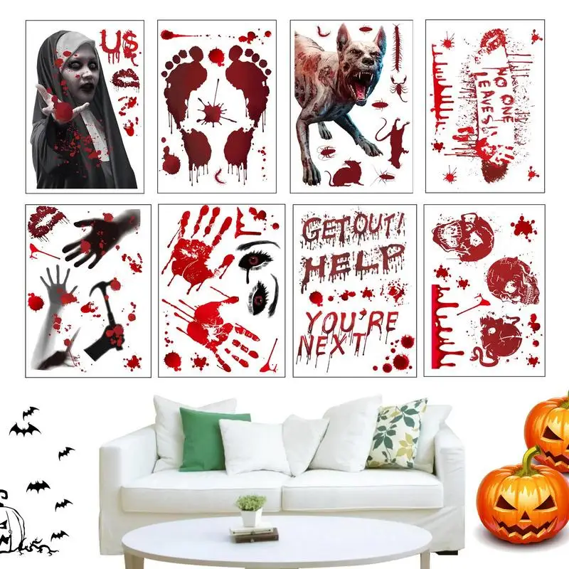 

Halloween Horror Bloody Stickers 8 Sheets Bloody Handprint Footprint Halloween Wall Decal Horror Wall Window Floor Clings